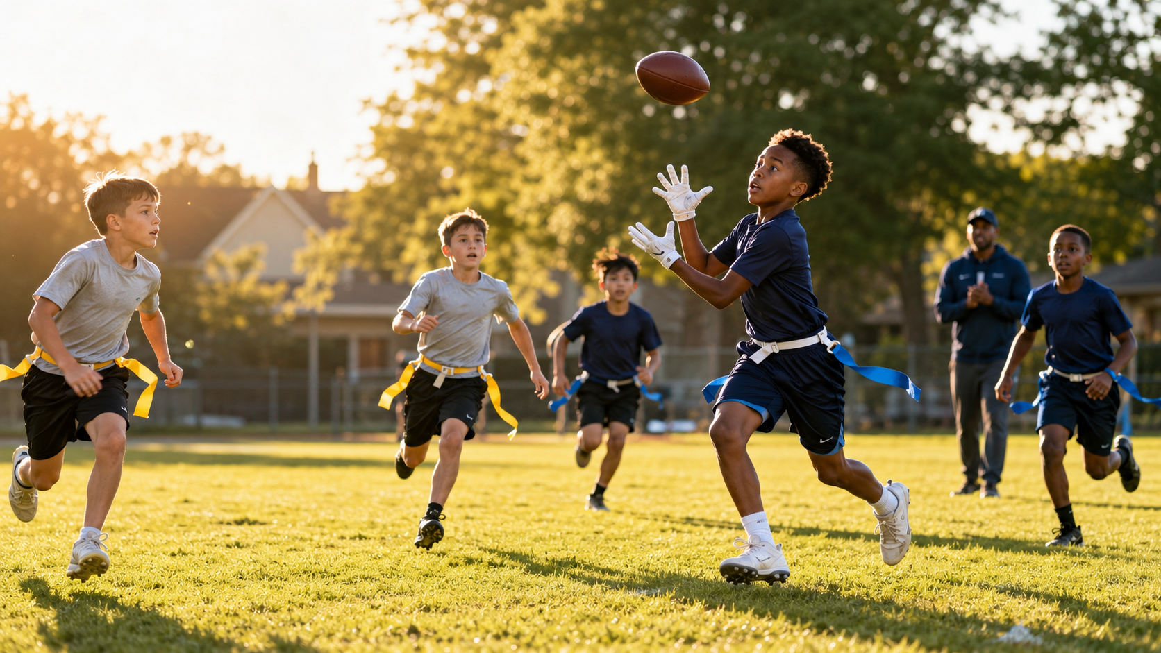Youth flag football players running a play as a receiver prepares to catch the ball